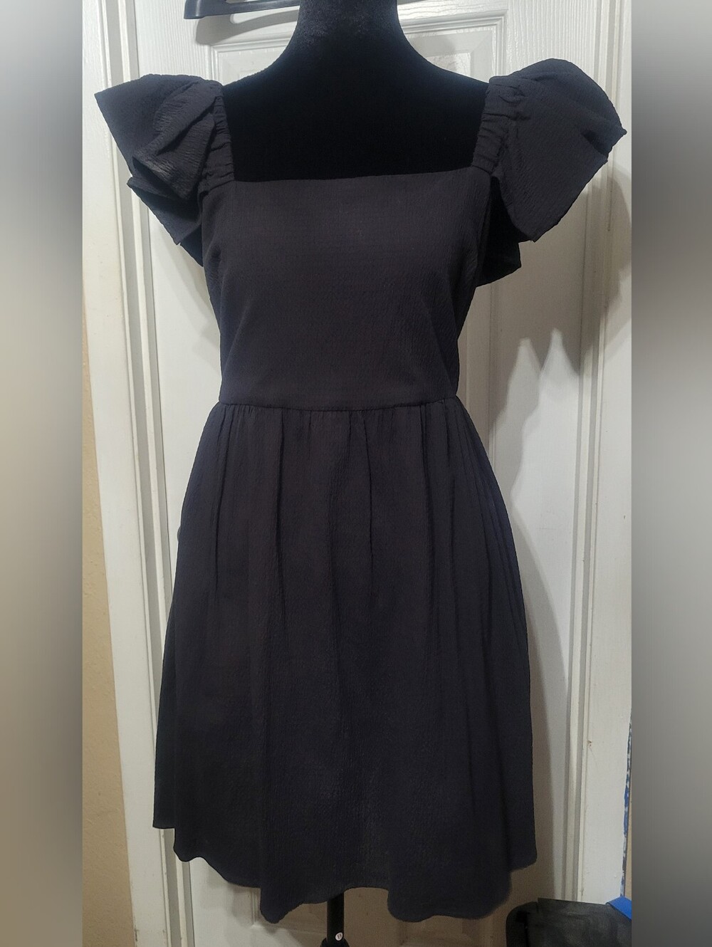 Black Square-Neck Flutter Sleeve Dress Size L